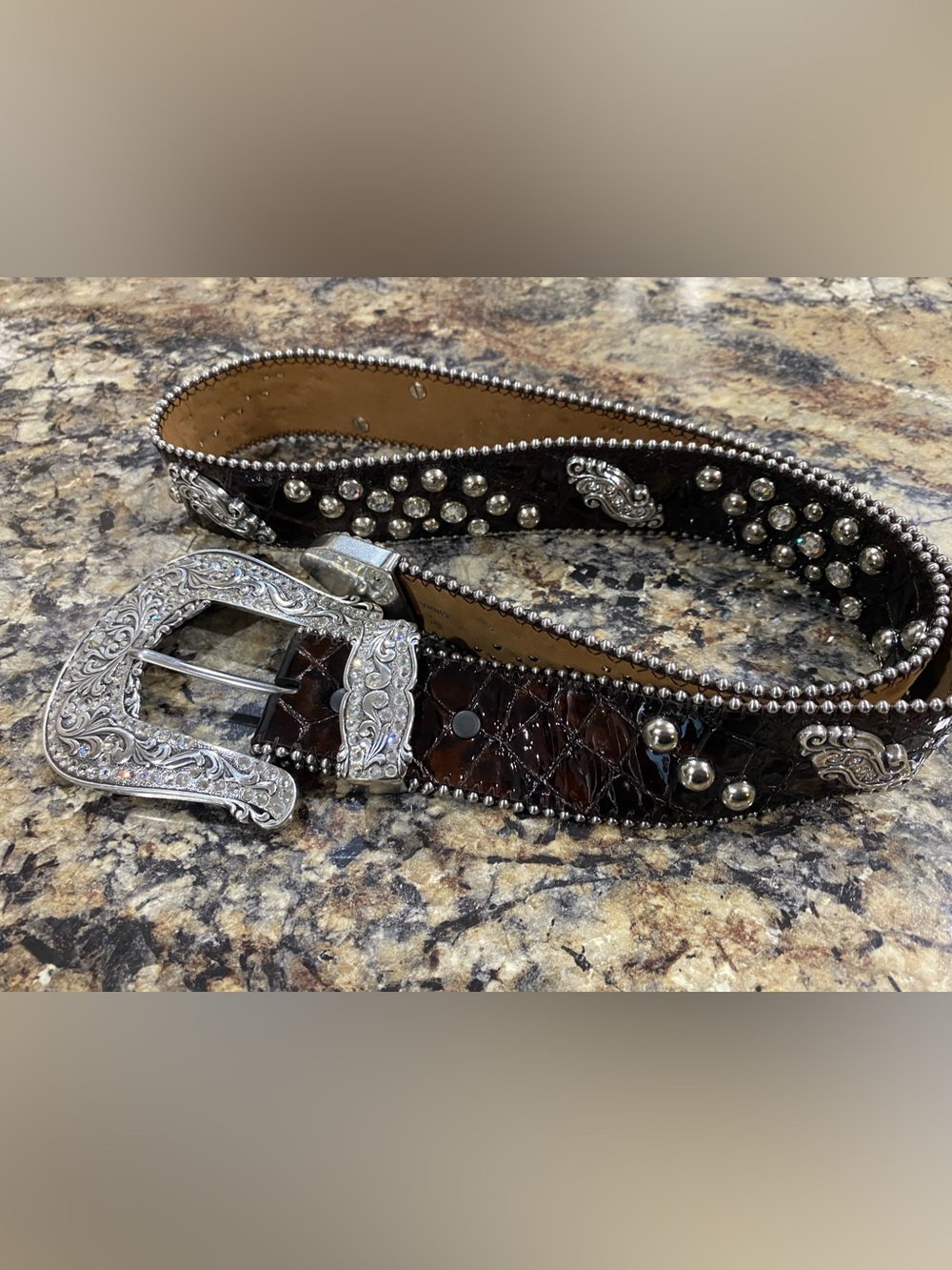Justin Western Studded Belt Bling Rhinestone Patina Leather 34 Cowgirl